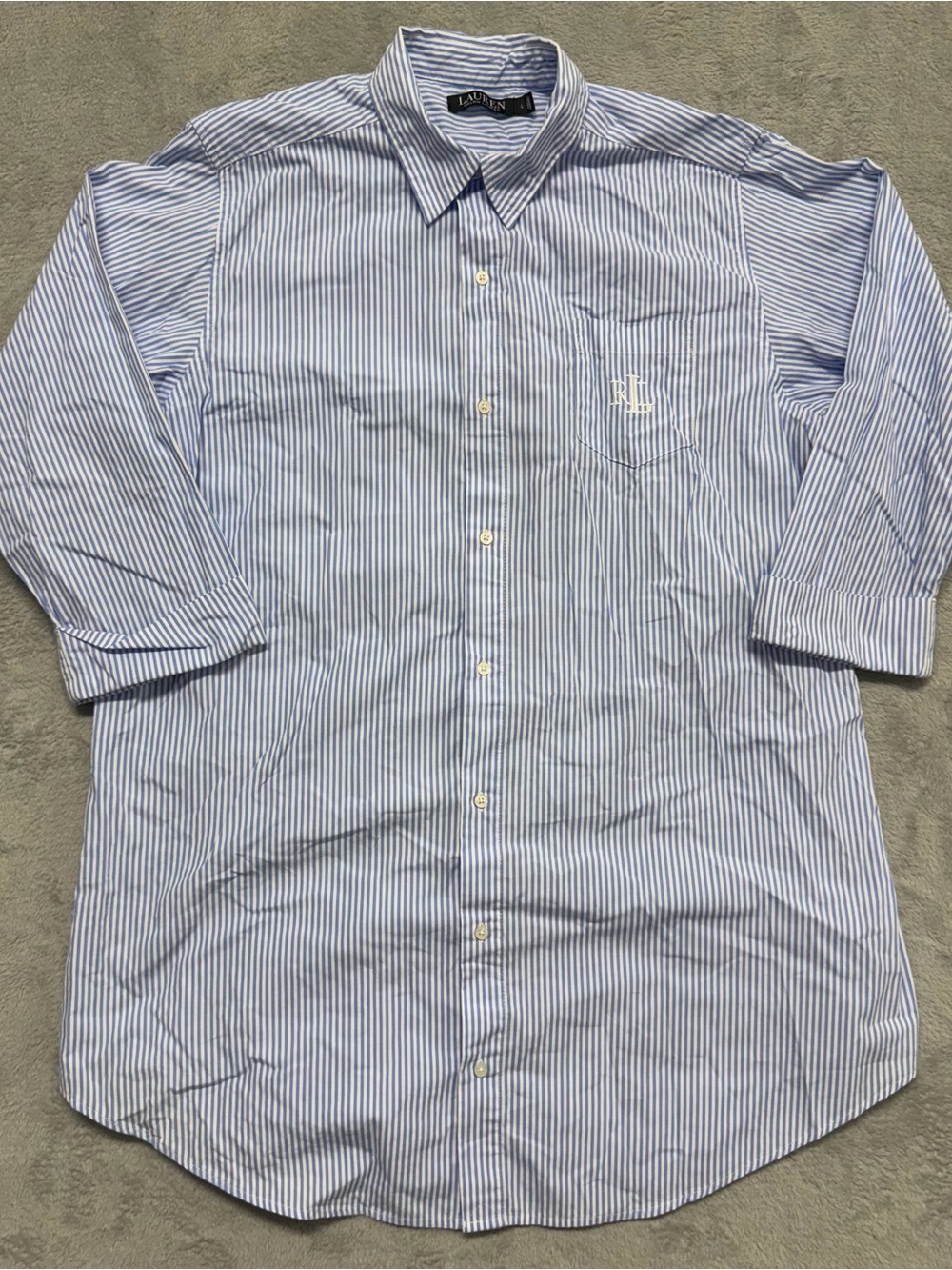 Lauren Ralph Lauren Womens L Blue White Striped Button Down Shirt 3/4 Sleeve